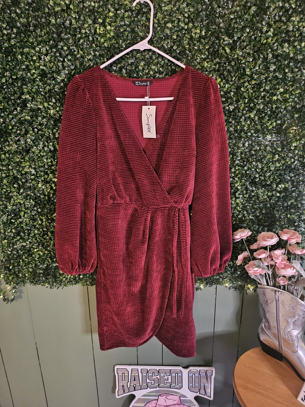Simplee Apparel Burgundy Velvet Wrap Dress with Long Sleeves